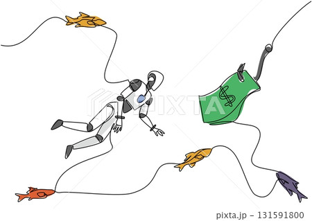 Single one line drawing robot swims and reaches for banknotes attached to a hook. Investing in an uncertain future for robots. Debt trap. Risk. Money Bait. Continuous line design graphic illustration 131591800