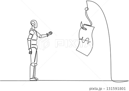 Continuous one line drawing robot is chasing a hook that has a dollar bill attached to it. Camouflage. Trap. Deception. National Senior Fraud Awareness Day. Single line draw design vector illustration 131591801