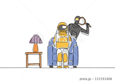 Continuous one line drawing astronaut sits on sofa holding laptop and thief uses a magnifier. The burglary incident. National Senior Fraud Awareness Day. Single line draw design vector illustration Continuous one line drawing astronaut sits on sofa holding laptop and thief uses a magnifier. The burglary incident. National Senior Fraud Awareness Day. Single line draw design vector illustration 131591806