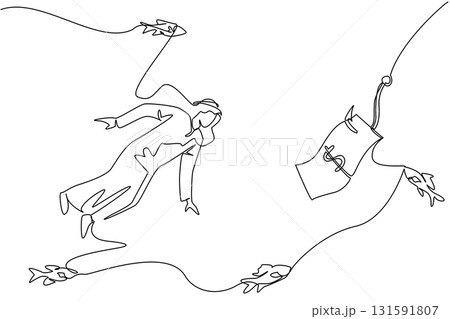 Single one line drawing arab man swims and reaches for banknotes attached to hook. The difficulty of finding trustworthy investors. Trap. Fake. Money Bait. Continuous line design graphic illustration Single one line drawing arab man swims and reaches for banknotes attached to hook. The difficulty of finding trustworthy investors. Trap. Fake. Money Bait. Continuous line design graphic illustration 131591807