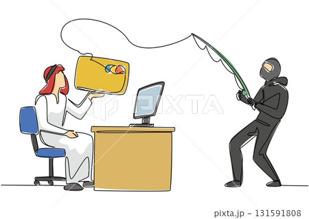 Single continuous line drawing an arab man typing on laptop and the thief fishing for a large credit card. Hacking the system. National Senior Fraud Awareness Day. One line design vector illustration Single continuous line drawing an arab man typing on laptop and the thief fishing for a large credit card. Hacking the system. National Senior Fraud Awareness Day. One line design vector illustration 131591808