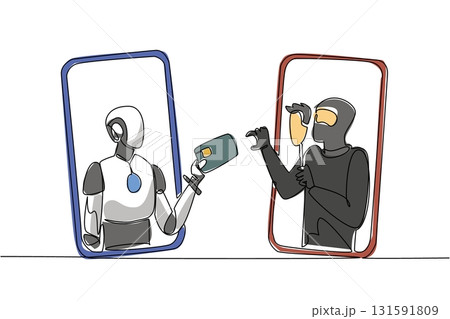 Continuous one line drawing robot emerges from smartphone and hands credit card to thief. Weak system. Big loss. Hack. National Senior Fraud Awareness Day. Single line draw design vector illustration Continuous one line drawing robot emerges from smartphone and hands credit card to thief. Weak system. Big loss. Hack. National Senior Fraud Awareness Day. Single line draw design vector illustration 131591809