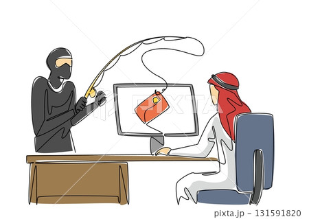 Single continuous line drawing arab man typing and thief fishing for credit card. Competing security levels. Lack of agility. National Senior Fraud Awareness Day. One line design vector illustration Single continuous line drawing arab man typing and thief fishing for credit card. Competing security levels. Lack of agility. National Senior Fraud Awareness Day. One line design vector illustration 131591820
