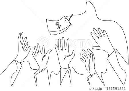Single continuous line drawing banknotes attached to a hook and 5 hands fighting for the money. Greed defeats humanity. Humans are controlled by money. Money Bait. One line design vector illustration Single continuous line drawing banknotes attached to a hook and 5 hands fighting for the money. Greed defeats humanity. Humans are controlled by money. Money Bait. One line design vector illustration 131591821