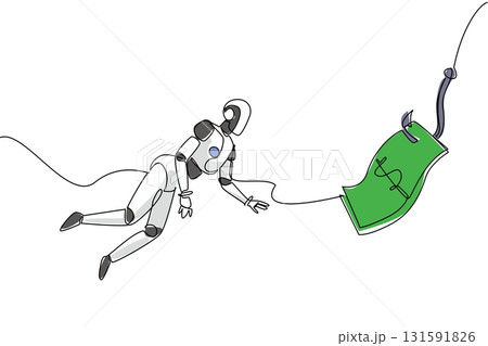 Single one line drawing robot dives and chases hook attached to a dollar bill. System malfunction in water. Trap. Hack. National Senior Fraud Awareness Day. Continuous line design graphic illustration Single one line drawing robot dives and chases hook attached to a dollar bill. System malfunction in water. Trap. Hack. National Senior Fraud Awareness Day. Continuous line design graphic illustration 131591826