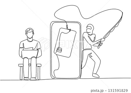 Single one line drawing man sits on small sofa hold laptop and thief fishing credit card. Important data is overlooked. National Senior Fraud Awareness Day. Continuous line design graphic illustration Single one line drawing man sits on small sofa hold laptop and thief fishing credit card. Important data is overlooked. National Senior Fraud Awareness Day. Continuous line design graphic illustration 131591829