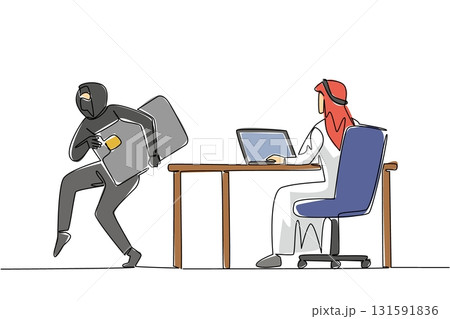Single one line drawing an arab man types on a laptop and the thief takes a large credit card. Neglected. Busy. Hack. National Senior Fraud Awareness Day. Continuous line design graphic illustration Single one line drawing an arab man types on a laptop and the thief takes a large credit card. Neglected. Busy. Hack. National Senior Fraud Awareness Day. Continuous line design graphic illustration 131591836