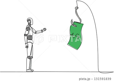 Continuous one line drawing robot is chasing a hook that has a dollar bill attached to it. Camouflage. Trap. Deception. National Senior Fraud Awareness Day. Single line draw design vector illustration Continuous one line drawing robot is chasing a hook that has a dollar bill attached to it. Camouflage. Trap. Deception. National Senior Fraud Awareness Day. Single line draw design vector illustration 131591839