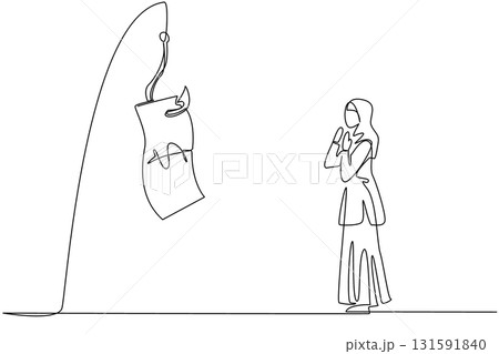 Single continuous line drawing an arab woman chasing hook with dollar bills attached to it. Not thinking clearly. Greed. Trap. National Senior Fraud Awareness Day. One line design vector illustration 131591840