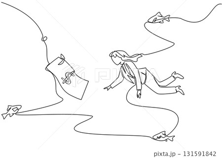 Continuous one line drawing businesswoman swims and reaches for banknotes attached to a hook. Investors want big profits. Causing losses. Risk. Money Bait. Single line draw design vector illustration 131591842