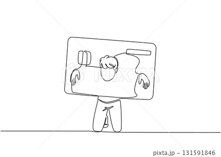 Single continuous line drawing a man trapped his head and both hands in a large credit card. Lifestyle does not match income. Deficit. Trap. Bankruptcy. Money Bait. One line design vector illustration 131591846