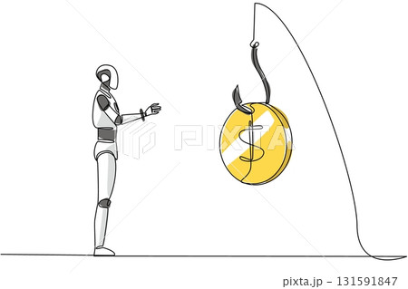 Continuous one line drawing robot chasing a hook with a dollar coin attached. System error. No danger detected. Trap. National Senior Fraud Awareness Day. Single line draw design vector illustration Continuous one line drawing robot chasing a hook with a dollar coin attached. System error. No danger detected. Trap. National Senior Fraud Awareness Day. Single line draw design vector illustration 131591847