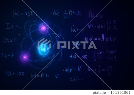 【科学技術のイメージ】数式と原子モデルで表現する量子力学・量子コンピュータの概念 【科学技術のイメージ】数式と原子モデルで表現する量子力学・量子コンピュータの概念 131591861