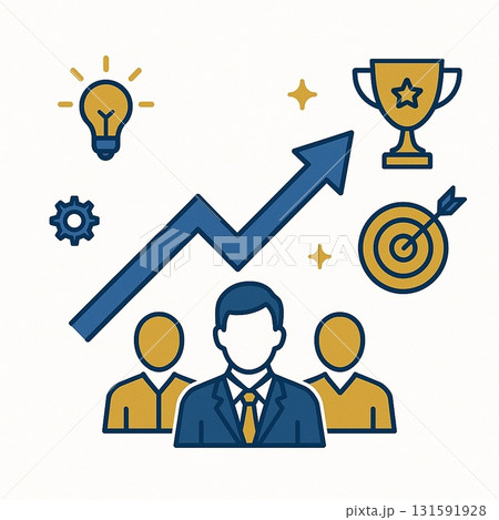【事業成長と目標達成の概念図】チームのアイデアと努力で成功を掴むビジネスイラスト 131591928