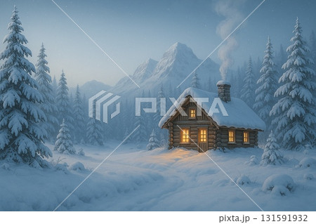【冬の幻想的な風景】雪深い森の中に佇む灯りの灯った山小屋【クリスマス・壁紙】 【冬の幻想的な風景】雪深い森の中に佇む灯りの灯った山小屋【クリスマス・壁紙】 131591932