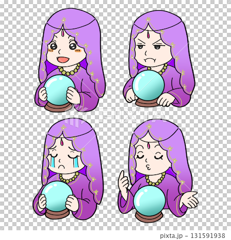 Illustrations and icons depicting the emotions of a fortune teller reading a crystal ball 131591938