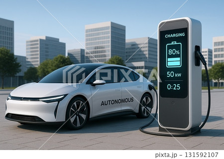 【次世代モビリティ】都市で急速充電する自動運転対応の電気自動車（EV）【サステナブル】 131592107