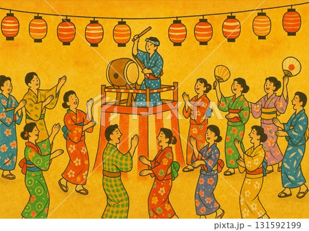 盆踊りを楽しむ浴衣姿の日本人 131592199