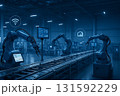 【製造業のDX】ロボットアームが稼働するスマートファクトリーとIoTのイメージ【インダストリー4.0 131592229