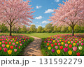 【春の絶景壁紙】満開の桜とチューリップ畑が広がる美しい公園の小道【お花見・ピクニック】 131592279