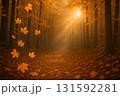 【幻想的な秋の風景】夕陽と霧に包まれた森の小道と舞い落ちる紅葉【壁紙・背景】 131592281