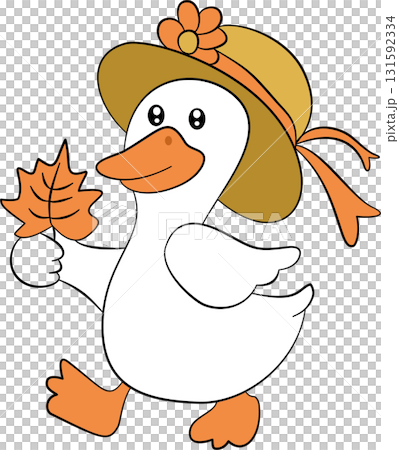 Cartoon of a goose wearing a hat holding an orange maple leaf Cartoon of a goose wearing a hat holding an orange maple leaf 131592334
