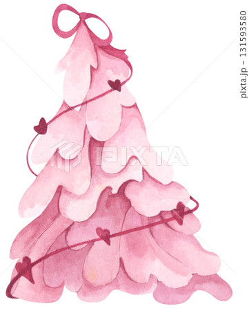 Pink Christmas Tree Watercolor Illustration, Cute Watercolor Pine Decoration for Greeting Card Design, Sweet Festive Decoration. 131593580