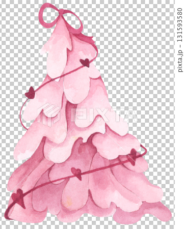 Pink Christmas Tree Watercolor Illustration, Cute Watercolor Pine Decoration for Greeting Card Design, Sweet Festive Decoration. 131593580