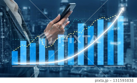 Professional Businessman Holding Smartphone with Graphs and Charts on Background of Cityscape, Symbolizing Success and Growth in Finance Copula 131593838