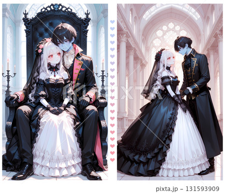 ゾンビになった恋人との結婚。アルビノの少女と碧眼の青年のハロウィン。漫画風のAIイラスト2枚セット 131593909