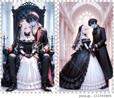 ゾンビになった恋人との結婚。アルビノの少女と碧眼の青年のハロウィン。漫画風のAIイラスト2枚セット 131593909