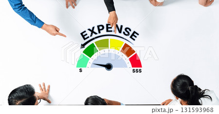 Business Meeting on Expense Management with Diverse Professionals Pointing at Financial Graphic Illustration Trope 131593968