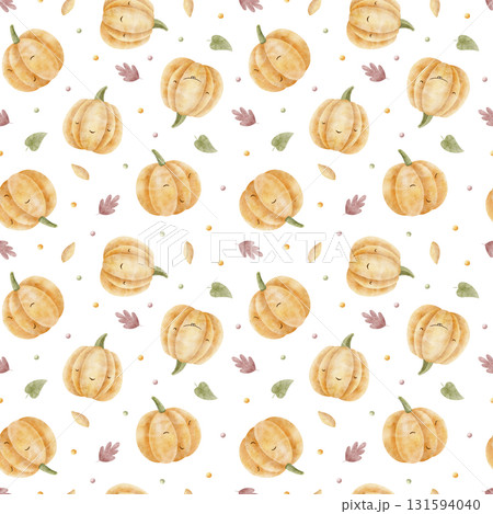 Pumpkin pattern with colorful autumn leaves. Hand-drawn watercolor illustration in childish Halloween style. Seamless print isolated on background for clothing, fabric, textiles, packaging, wallpaper Pumpkin pattern with colorful autumn leaves. Hand-drawn watercolor illustration in childish Halloween style. Seamless print isolated on background for clothing, fabric, textiles, packaging, wallpaper 131594040