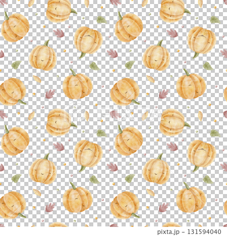 Pumpkin pattern with colorful autumn leaves. Hand-drawn watercolor illustration in childish Halloween style. Seamless print isolated on background for clothing, fabric, textiles, packaging, wallpaper Pumpkin pattern with colorful autumn leaves. Hand-drawn watercolor illustration in childish Halloween style. Seamless print isolated on background for clothing, fabric, textiles, packaging, wallpaper 131594040