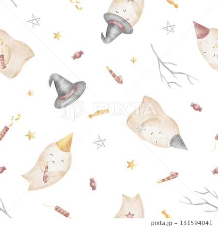 Watercolor pattern ghost Halloween party hat, witch hat, popper, whistle. Hand-drawn illustration in childish style. Seamless print isolated on background for clothing, textiles, packaging, wallpaper Watercolor pattern ghost Halloween party hat, witch hat, popper, whistle. Hand-drawn illustration in childish style. Seamless print isolated on background for clothing, textiles, packaging, wallpaper 131594041