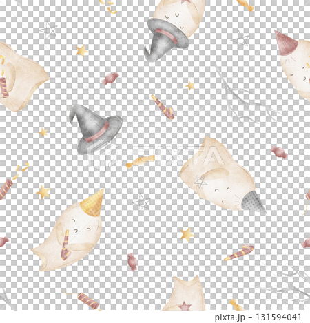 Watercolor pattern ghost Halloween party hat, witch hat, popper, whistle. Hand-drawn illustration in childish style. Seamless print isolated on background for clothing, textiles, packaging, wallpaper Watercolor pattern ghost Halloween party hat, witch hat, popper, whistle. Hand-drawn illustration in childish style. Seamless print isolated on background for clothing, textiles, packaging, wallpaper 131594041