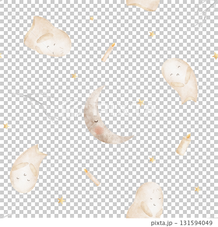 Watercolor Halloween pattern ghost, moon flying candles, stars. Hand-drawn illustration in childish vintage style. Seamless print isolated from background for textiles, fabrics, clothing, packaging 131594049