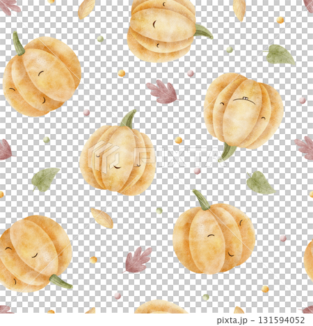 Pumpkin pattern with colorful autumn leaves. Hand-drawn watercolor illustration in childish Halloween style. Seamless print isolated on background for clothing, fabric, textiles, packaging, wallpaper 131594052