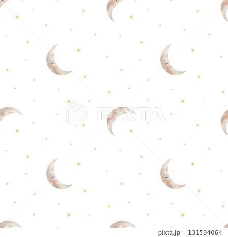 Pattern cute moon with golden stars. Hand-drawn watercolor illustration in childish style. Seamless print isolated on background for clothing, fabric, textiles, packaging, wallpaper, printing 131594064