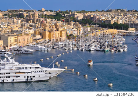 Many little yachts and boats from plan wiev to the bay near Valletta in Malta 131594236
