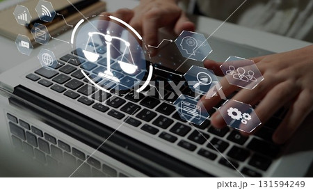 Digital law interface displaying justice scale, highlighting digital law Muxer 131594249