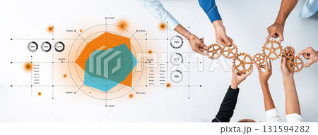 Team Collaboration with Gears and Data Visualization for Business Strategy, Optimizing Processes and Workflow Management in Modern Workplace Trope 131594282