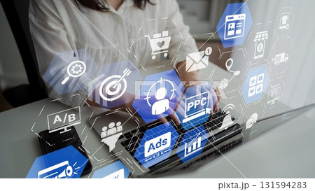 Marketing online strategy with digital advertising, PPC, social media and SEO icons Funnel Marketing online strategy with digital advertising, PPC, social media and SEO icons Funnel 131594283