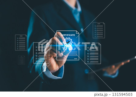 Businesswoman shows approved certificate and checklist document online, representing concept of top service, quality management, adherence to ISO standards globally trusted certificate in business. Businesswoman shows approved certificate and checklist document online, representing concept of top service, quality management, adherence to ISO standards globally trusted certificate in business. 131594503