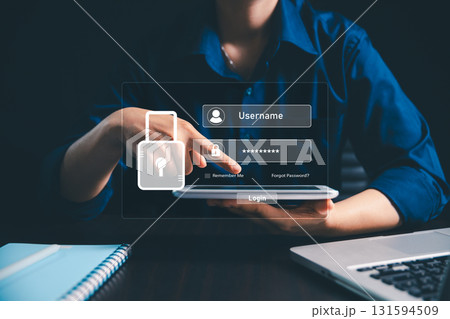 User accesses secure internet system through advanced high technology, username, password, ensuring encryption, strong cybersecurity for information security. using biometric identification 131594509