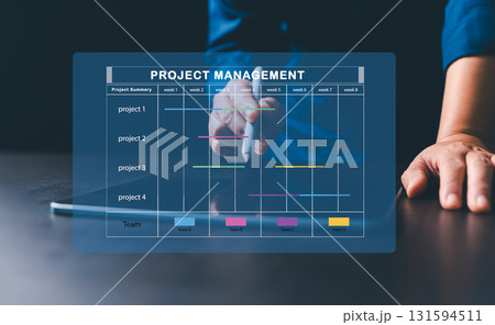 Project manager is working on virtual screen, using project management system. Gantt chart interface to plan tasks, schedule milestones, track progress, ensuring efficient project execution company. 131594511