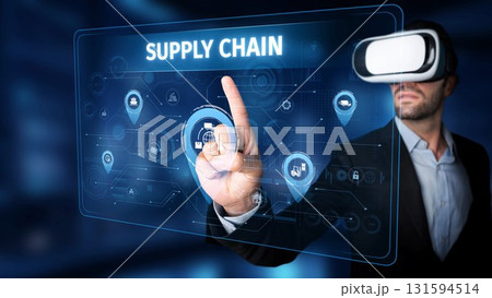 Business professional using virtual reality technology to interact with digital supply chain information and data visualization on a futuristic interface. Raster 131594514
