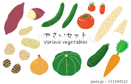 野菜イラストセット　さつま芋・きゅうり・トマト・とろろ・じゃが芋・里芋・玉葱・南瓜・人参・ズッキーニ 131594522