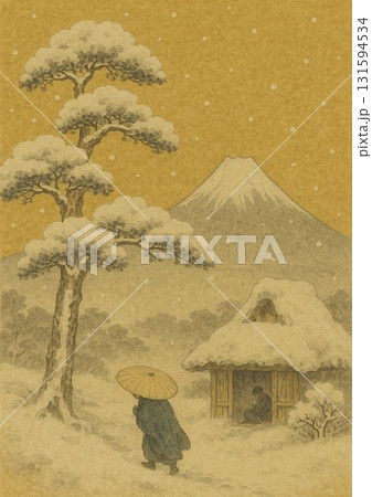 富士山を目指して雪降る中を歩く旅人 131594534