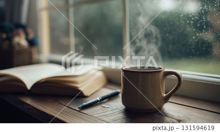 カフェの窓辺と雨の日のコーヒー カフェの窓辺と雨の日のコーヒー 131594619